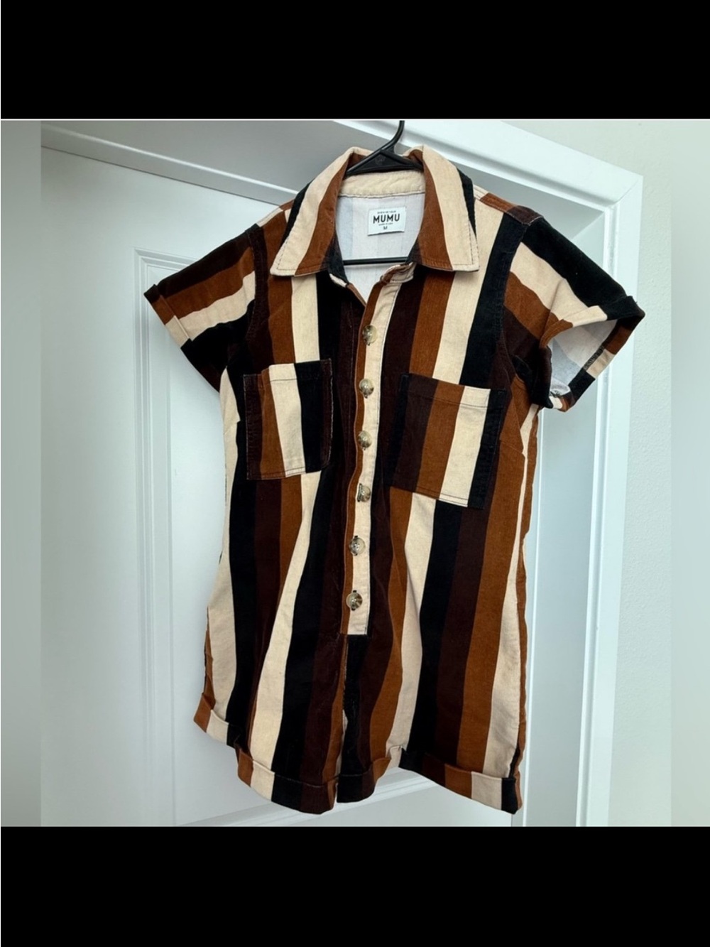 Show Me Your MuMu Striped Button-Down Romper in Brown, Black & Cream